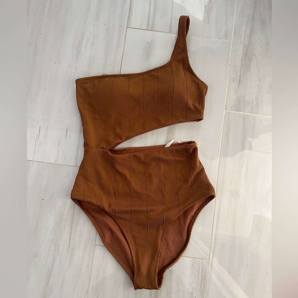 Aerie One-Shoulder Cutout One-Piece Swimsuit in Brown